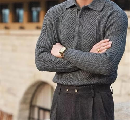 Men’S Textured Knit Long Sleeve Turn Down Collar Zipper Casual Solid Color Top4