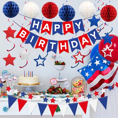Image of Blue, White & Red Birthday Party Decorations - Happy Birthday Banner, Honeycomb Balls, Star Streamers, Triangle Flags, Perfect for 4th of July & Baseball Parties