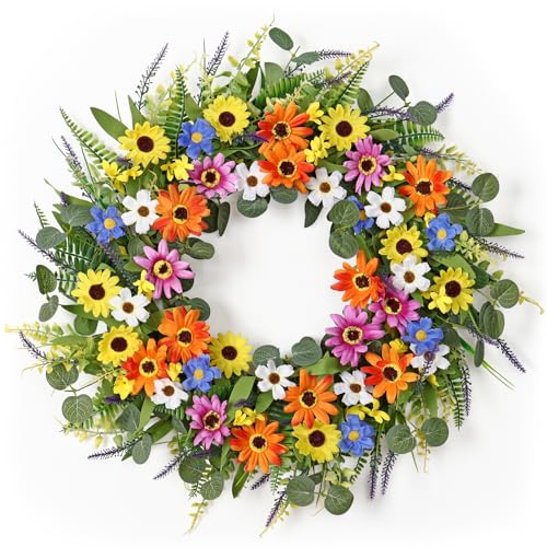 Dremisland Spring Wreaths for Front Door 22 Spring Door Wreath Artificial Eucalyptus Colorful Daisy Flower Fake Wildflower Lavender Wreath for Indoor Outdoor Farmhouse Window Wall Decor