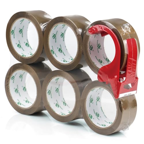 Yoga Y Pilates, Office Product BOMEI PACK Cinta de Embalaje de Alta Resistencia Marrón con Dispensador, Ultra Fuerte, Cinta de Embalaje Industrial para Embalaje de Envíos 6 Rollos 1.8Mil,...