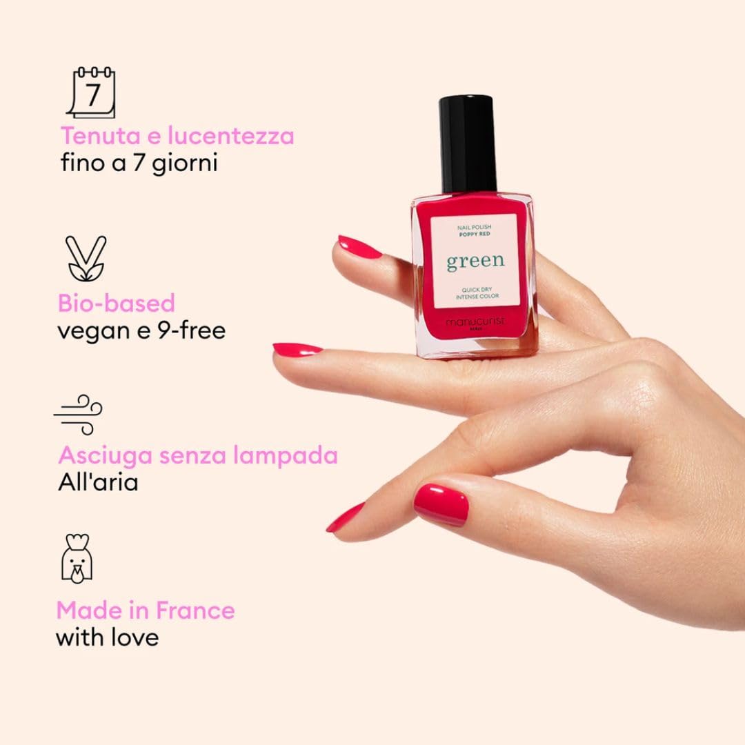 Manucurist Sistema Green Rosso Poppy Red - Kit Smalto Resistente Senza Lampada : 1 Sgrassante, 1 Base Coat, 1 Smalto Unghie, 1 Top Coat, Gocce Asciuganti - Smalto Unghie Lunga Durata - Regalo Donna