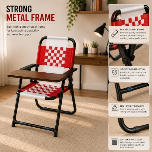 Image of Study Chair for Home with Writing Pad, Foldable Study Chair for Students, Niwar Seat and Back, Metal Frame, Folding Student Seat for Reading, Writing and Laptop Work, (Red & White)