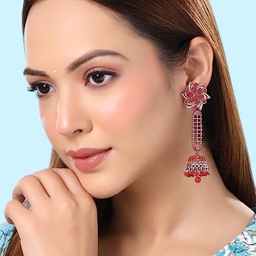 Image of Yellow Chimes Earrings for Women and Girls Traditional Silver Oxidised Jhumka German Silver Earring Set Dome Shaped Dangler Jhumki Earrings Combo | Birthday Gift For Girls and Women