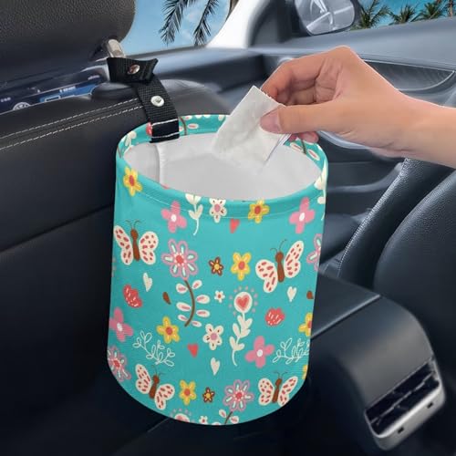 Image of Cartoon Daisy Butterfly Car Rubbish Bag Can Reusable Hanging Auto Garbage Organization Can Bin with Adjustable Strap for Camping，Travel Accessories