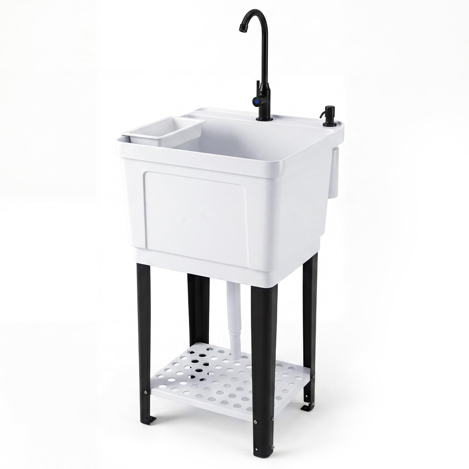 GYMAX Fregadero Portátil, Lavabo Portátil de 55 L con Grifo Giratorio, Estante de Almacenamiento y Manguera de Desagüe, Fregadero Independiente para Lavandería Garaje, 50,5 x 48 x 120,5 cm