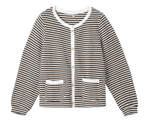 Women's Khaki Casual Dressy Stirped Cardigan with Patch Pocket Sweaters Crew Neck Lady Lightweight Jacket 2024 Fall Winter Size M