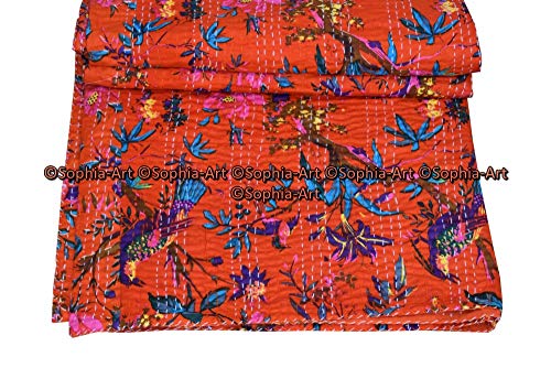 Sophia-Art Bird Print Queen Size Kantha Quilt Kantha Blanket, Bed Cover, King Kantha Bedspread, Bohemian Bedding Kantha Size 90 Inch X 108 Inch (Red) #TOP2