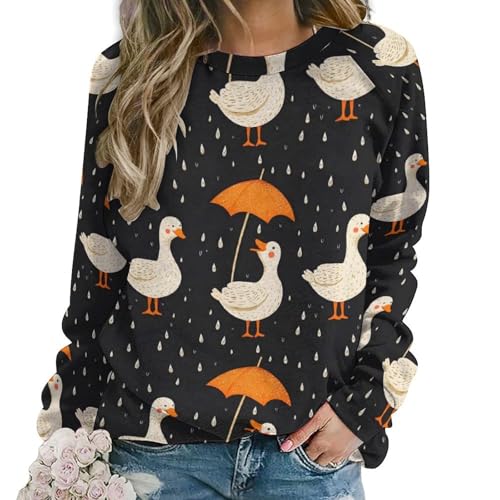 Sweat-shirt graphique pour femme manches longues pull col rond imprimé oie confortable