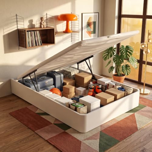 What The Sleep | Canapé Abatible de Madera Gran Capacidad | 140x190 | Montaje y Retirada Usado Incluido | Blanco | 32 cm | Apto Todos Colchones | Esquinas Delanteras Redondeadas | Storage Bed