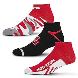 For Bare Feet NCAA Houston Cougars CAMO BOOM 3 Pack Ankle Sock Team Colors Large
