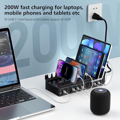 200W USB C Charging Station 10-Port Fast Charger for Multiple Devices, PD/QC Desktop Charging Hub for MacBook iPhone iPad Phones - image 3
