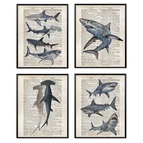VONTP Shark Wall Art Decor for Bedroom 8x10 Inch Set Of 4 (Unframed)