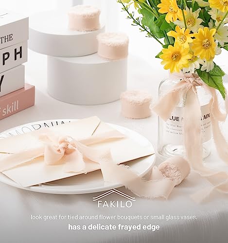 FAKILO Chiffon Ribbon with Frayed Edge, Beige Silk Chiffon Ribbon 4 Rolls 1'' X 5 Yd for Wedding Invitations Bridal Bouquets - Image 3