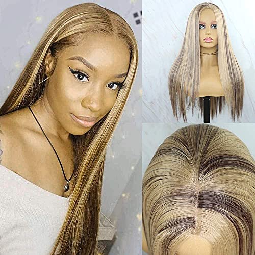 JOMICO Brown Highlight Blonde Long Straight Synthetic Wigs for Black Women Japan Heat Resistant Futura Synthetic Hair Fu
