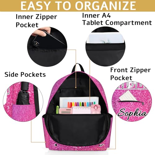 Personalized Cheer Backpack Bag for Women, Custom Large Capacity Shoulder Bags, Waterproof Cheerleader Casual Daypack, Pink Glitter4