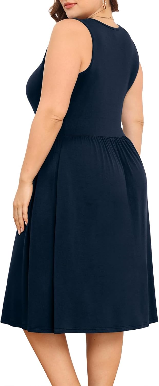 POSESHE Womens Plus Size Dress 2024 Summer Round Neck Sleeveless Casual Empire Waist Loose Fit Swing Tank Dress with Pockets - Image 2