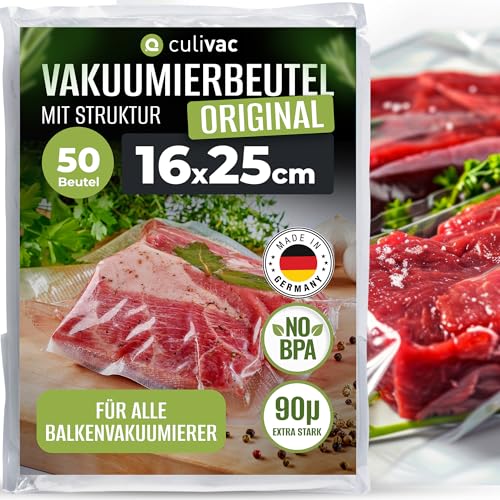 culivac Vakuumierbeutel 'Original' – Vakuumbeutel – Vakuumierfolie für alle Folienschweißgeräte und Vakuumierer – BPA-frei – Reißfest & Mikrowellengeeignet – Made in Germany – 50 Stück – 16x25cm