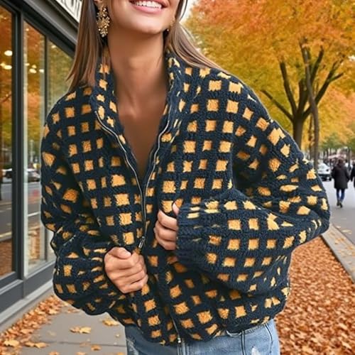 Women’s Knit Zip - Up Long Sleeve Sherpa Fleece Plaid Cropped Jacket Chunky Teddy Fleece Warm Winter Coats Outwear3