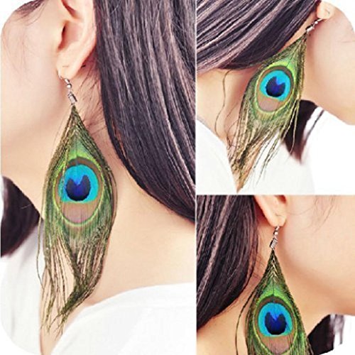 2017 Hot Earrings Gift! AMA(TM) Women Fashion BOHO Style Peacock Feather Silver Hook Dangle Earrings Eardrop (Green)