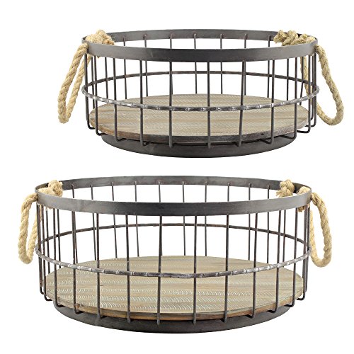 Stonebriar 2pc Round Stackable Metal Wire and Wood Basket Set with Rope Handles