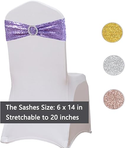 Miniatura 5 de Paquete de 100 bandas de lentejuelas para sillas de boda, lavanda para sillas plegables, fiestas, fiestas, baby shower, decoración de silla, lazos