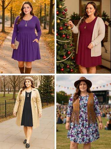 Image of AusLook Women's Plus Size Long Sleeve Midi Dress Casual Empire Waist Loose Flowy Dresses A-Line Boho Long Dress with Pockets