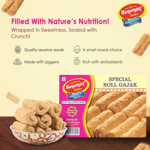 HANUMAN SAHU GAZAK UDYOG Gazak Roll | Winter Special | Homemade Gud Gachak | Til Wale Gazzak Made of Sesame Seeds and Jaggery | Khasta Gajak | (Soft & Crunchy Gajak ) 500gm | No Added Preservatives, Colours and Flavours