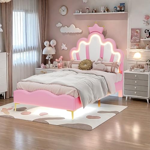 Poeahu - Cama infantil acolchada 90 x 200 cm, cama princesa en forma de corona con iluminación LED, camas infantiles y niñas con cabeceras de cama ajustable en altura, para niñas, adolescentes, PU