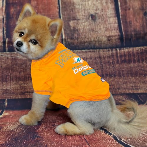Image of NFL Miami Dolphins Dog T-Shirt for Pets, Size Medium. Officially Licensed Pet Shirt with Team Logo, Soft Stretchable Comfort Fit Apparel for Dogs & Cats