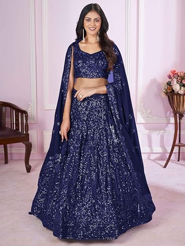 Image of Zeel Clothing Women's Threads Sequins Embroidered Georgette Designer Lehenga Choli with Dupatta (5090-Wedding-Stylish-Lehenga-Choli-Latest; Free Size)