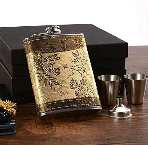 Golden Pattern 8 Oz Gift 100% Stainless Steel(304/18-8 Ss).Bonus 2 Shot Glass+1Funnel+1Giftbox.flask Leak Proof Tested.flask For Liquor/Alcohol.flask For Men/Women #TOP4