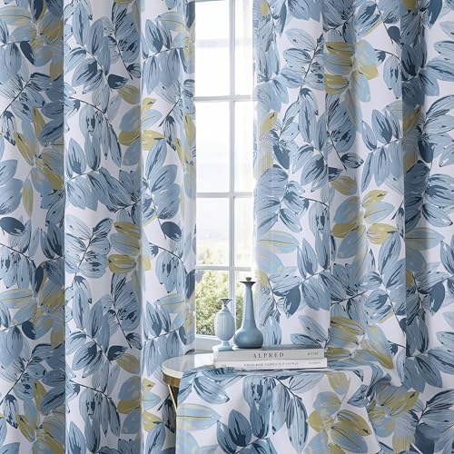 BROSHAN Blue Leaf Pattern Living Room Curtains Blackout 63 inch Length- Triple Weave Classic Floral Design Print Thermal Insulated Drapes for Bedroom Nursery, Noise Reducing, 2 Panels, Grommet, 52x63