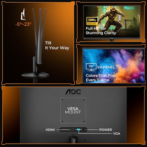 Image of AOC 22B30HM2 21.5 inch (54.61 cm) Monitor Full HD 1920x1080, 120Hz Refresh Rate, 1ms Response Time, Flicker-Free, FreeSync, Blue Light Filter, VGA /HDMI, Monitor for PC with VESA Mount (Black)