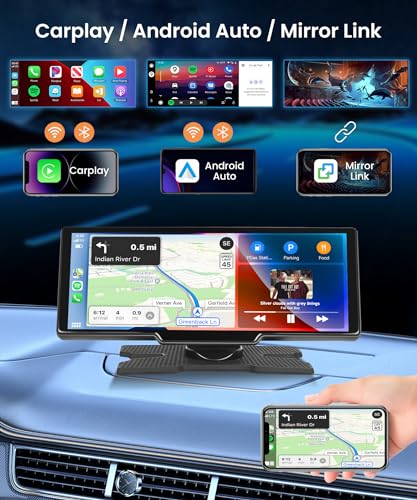 Podofo sans Fil Carplay Autoradio Portable 10,26'' Écran Tactile sans Fil Android Auto Bluetooth Transmitter FM/AUX/Cart