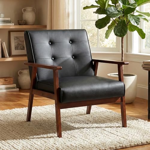 Image of STHOUYN Black Leather Accent Chair, Waiting Chair with Wooden Arms | Mid Century Modern, Tufted Backrest, Small, Living Room, Bedroom, Dorm