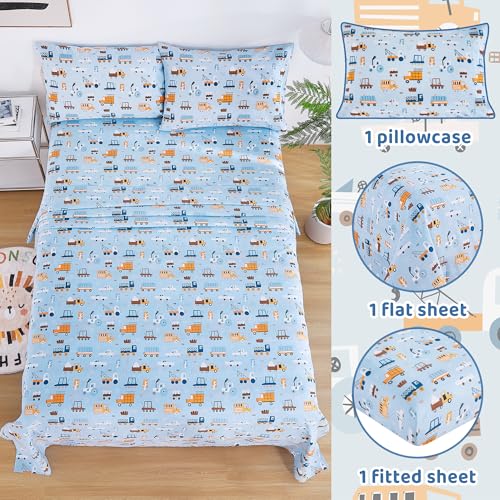 Image of Viviland 3 Pieces Boys Blue Truck Twin Sheet Set - Soft Microfiber Fitted Flat Sheets & Pillowcase - Construction Truck Bedding Sets - for Kids & Toddlers
