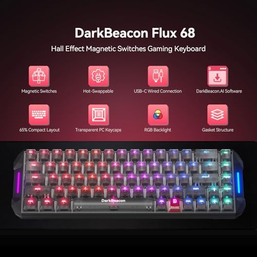 DarkBeacon Flux68 HE Gaming Keyboard 65%, Hall Effect Magnetic Switch, AI-Powered Software, Wired Mechanical Keyboard with 0.01mm Fast Trigger, Adjustable Actuation, 8000Hz, Hot-Swap, RGB Backlit - 1