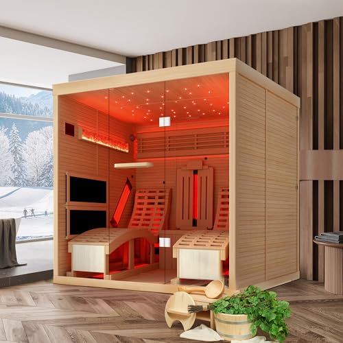 BNEHS Infrared Sauna,2 Person Luxurious Indoor Sauna with Recliner, Wooden Sauna with 7-Color Starry Ceiling,9 Heating Tubes,5 Carbon Panels,2-in-1 Door Handle,Himalayan Salt Brick,220V