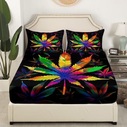 Image of Leaf Children Bed Sheet Set 4 Piece,3D Colors Marijuana Leaves Rainbow Weed Plant,Quality Brushed Microfiber Bedding Set with Flat,Fitted Sheet,2 Pillow Cases,Full
