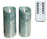 LitLuna Large Dark Green Flameless Candles Set of 2- Realistic Wax Pillar Candles with Moving Flame-