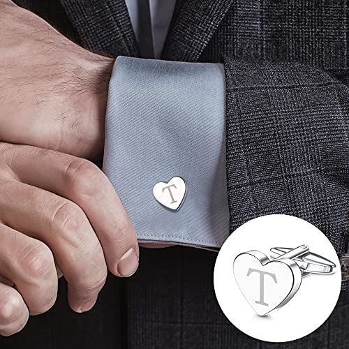 Sanfenly Cufflinks And Tie Clip For Men Set, Unique Heart Initial Cuff Links And Tie Bar Clip Personalized Alphabet Letter T Cuff Links/Tie Clip Set With Box thumb #2