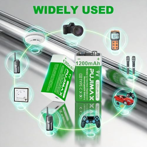 Image of PUJIMAX 9V Rechargeable Battery 1200mAh - High‑Capacity Lithium‑Ion with USB‑C Charger Cable, Long Life (1200+ Cycles), 10‑Year Shelf Life, Reliable 9V Output - 1‑Pack