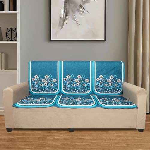 Image of Velvet 3 Seater Sofa Cover with 6 Seat and Back Covers - Floral Design - Washable Fabric - Stylish Sofa Cover for Modern Living Room (Aqua, 3 Seater Without Arm Cover)