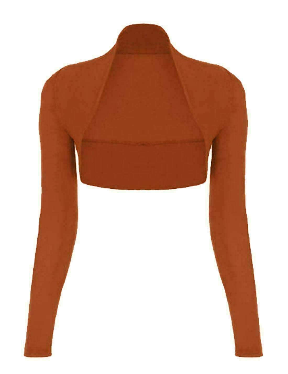 FAIRY BOUTIQUE Ladies Long Sleeve Shrug Womens Cropped Bolero Cardigan Mini Blouse Plain Summer Top Sizes 8-26 (Rust UK 24-26)