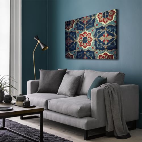 Tableau sur toile fleurs bleu ethnique et rouge d'exception 45x60cm - 2