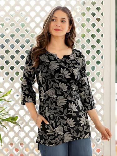 Image of Women's Cotton Printed Short Kurti, Round Neck, Three Quarter Sleeve, Straight Fit, Pack of 2