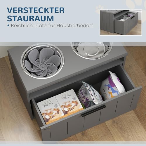 PawHut Erhöhter Hundenapf Futternapf mit Ständer Wassernapf 2 x 2L Edelstahlnäpfen Futterstation mit Anti-Schling-Matte Hundenäpfe mit 25L Stauraum, für große und extra große Hunde, Grau