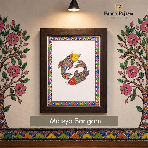 Image of PAPER PAJAMA Koi Moi Fish Pair Wall Art for Living Room | Madhubani Fish Painting | Traditional Mithila Folk Art Aquatic Artwork Framed Decor for Home, Office & Bedroom (10x13 Inches)