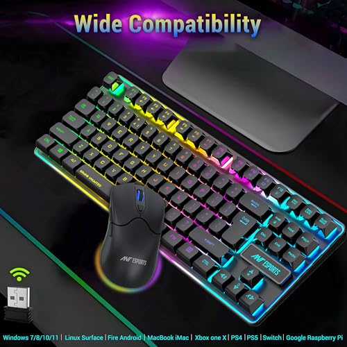 Image of Ant Esports KM730 Pro Gaming Wireless TKL Keyboard Mouse Combo Rechargeable RGB Backlit Tenkeyless Compact 87 Keys 6 Button for Computer Laptop PS4 PS5 - XP /7 /8 /10 iMac MacBook Xbox one X - Black