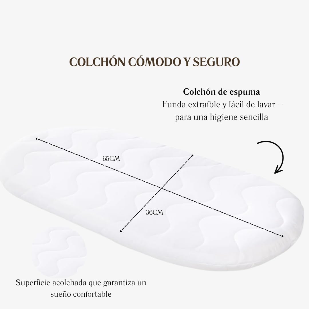 Wiklinopol Moisés de Mimbre para Bebé con Soporte de Madera y Ruedas Annabell – Cuna con Colchón y Ropa de Cama 5 Piezas Muselina Beige – Cochecito Natural para Recién Nacido